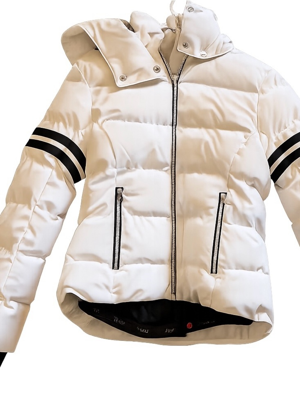Women's White Puffer Jacket with Black Sleeve Stripes